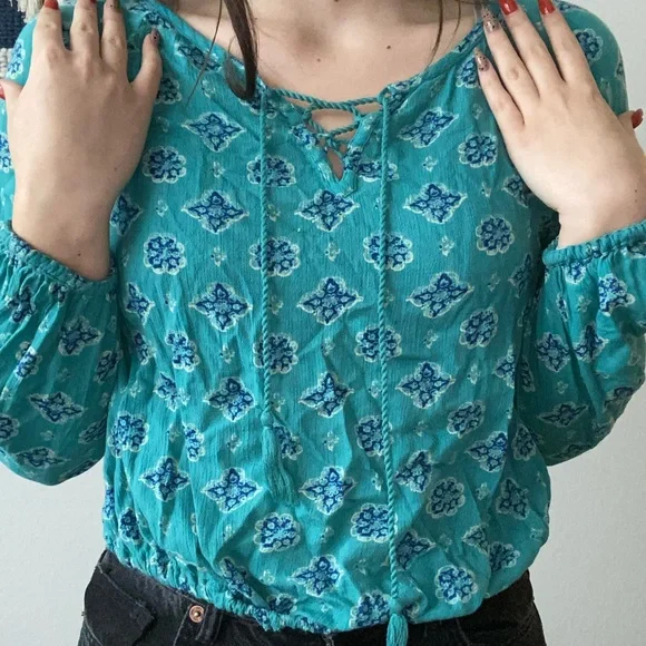 Hollister Teal Patterned Peasant Blouse Boho hippie festival - Picture 2 of 10